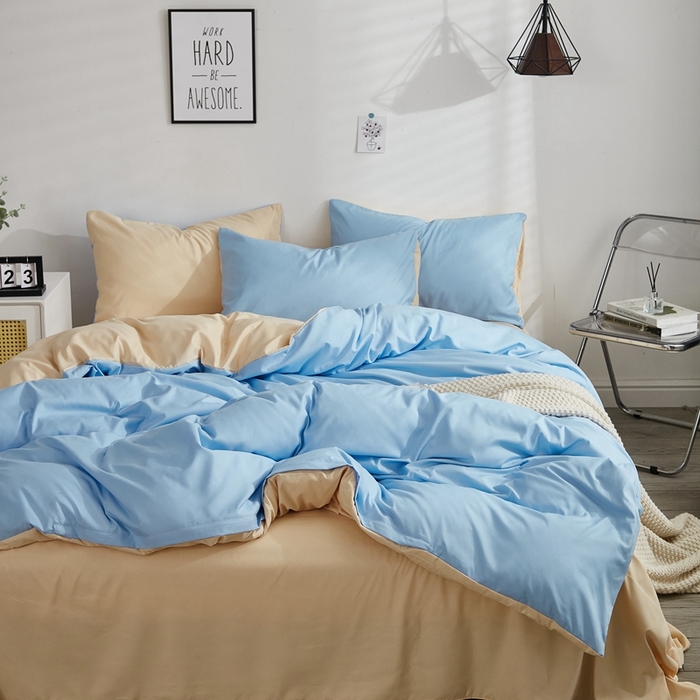 91家纺网 家纺一手货源 找家纺 啊雅家居 2025新款ins简约学生宿舍双拼纯色磨毛四件套可订制logo 天空兰加黄