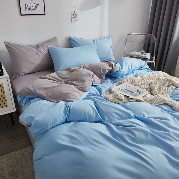 91家纺网 家纺一手货源 找家纺 啊雅家居 2025新款ins简约学生宿舍双拼纯色磨毛四件套可订制logo 天空兰加浅灰