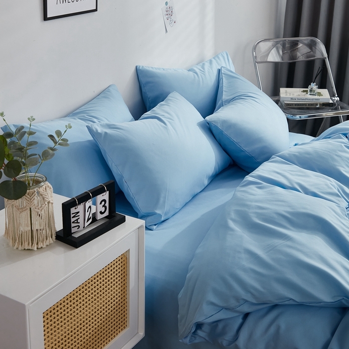 91家纺网 家纺一手货源 找家纺 啊雅家居 2025新款ins简约学生宿舍双拼纯色磨毛四件套可订制logo 天空兰