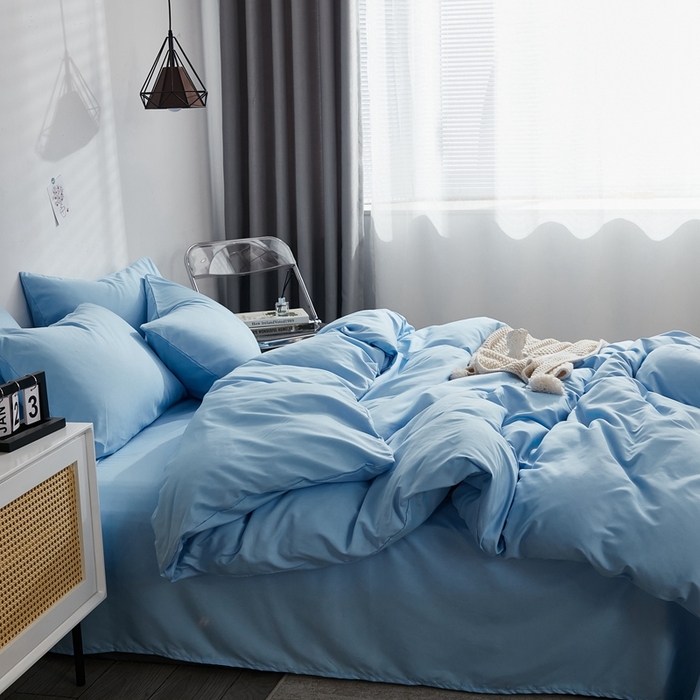 91家纺网 家纺一手货源 找家纺 啊雅家居 2025新款ins简约学生宿舍双拼纯色磨毛四件套可订制logo 天空兰