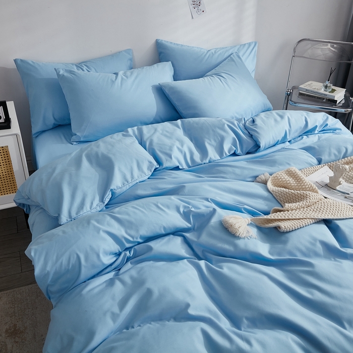 91家纺网 家纺一手货源 找家纺 啊雅家居 2025新款ins简约学生宿舍双拼纯色磨毛四件套可订制logo 天空兰