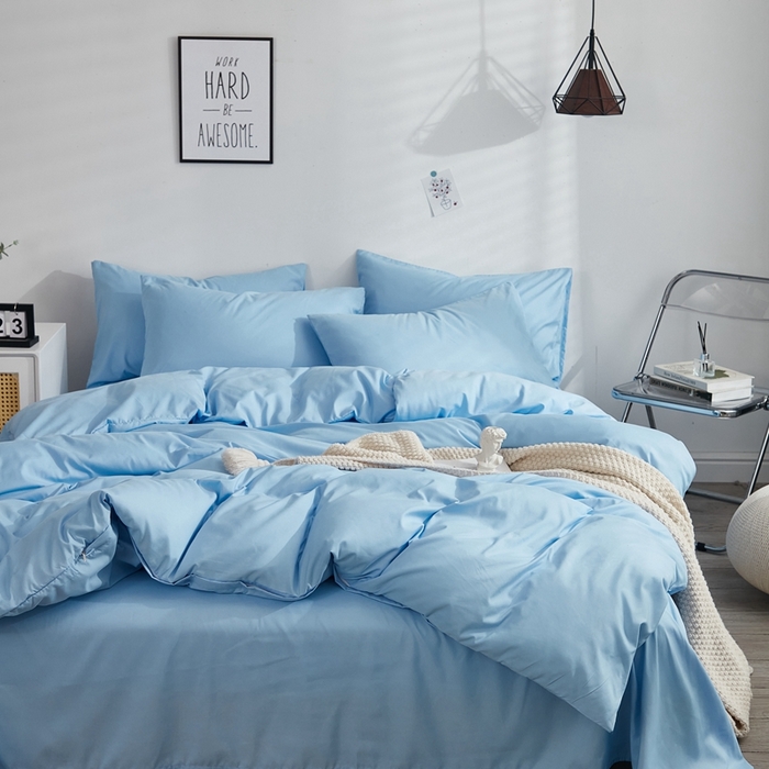 91家纺网 家纺一手货源 找家纺 啊雅家居 2025新款ins简约学生宿舍双拼纯色磨毛四件套可订制logo 天空兰