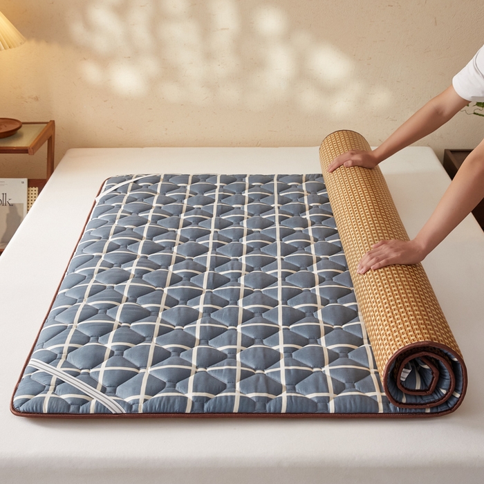 91家纺网 家纺一手货源 找家纺 花言狐语 2025新款双面可用冰藤夹棉床褥系列-大床款 冰藤床褥-蓝大格（玉米粒）