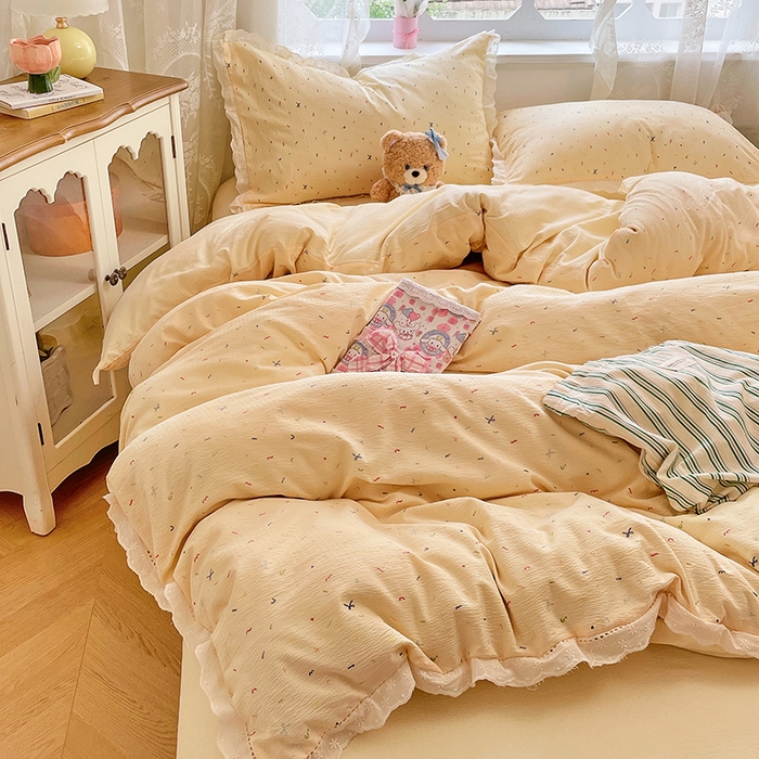 91家纺网 家纺一手货源 找家纺 （总）优尚佳生活馆 2025新款云感木棉皱皱双层纱全棉镂空花边四件套（提供买家秀）