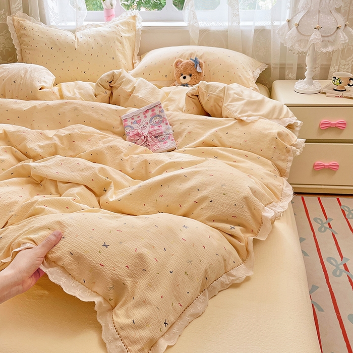 91家纺网 家纺一手货源 找家纺 （总）优尚佳生活馆 2025新款云感木棉皱皱双层纱全棉镂空花边四件套（提供买家秀）