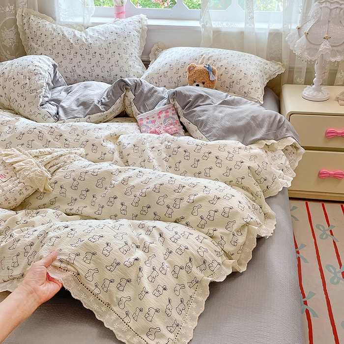 91家纺网 家纺一手货源 找家纺 （总）优尚佳生活馆 2025新款云感木棉皱皱双层纱全棉镂空花边四件套（提供买家秀）