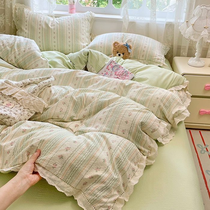 91家纺网 家纺一手货源 找家纺 （总）优尚佳生活馆 2025新款云感木棉皱皱双层纱全棉镂空花边四件套（提供买家秀）