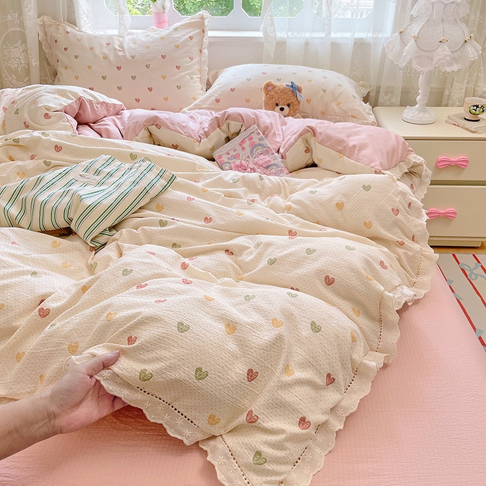 91家纺网 家纺一手货源 找家纺 （总）优尚佳生活馆 2025新款云感木棉皱皱双层纱全棉镂空花边四件套（提供买家秀）