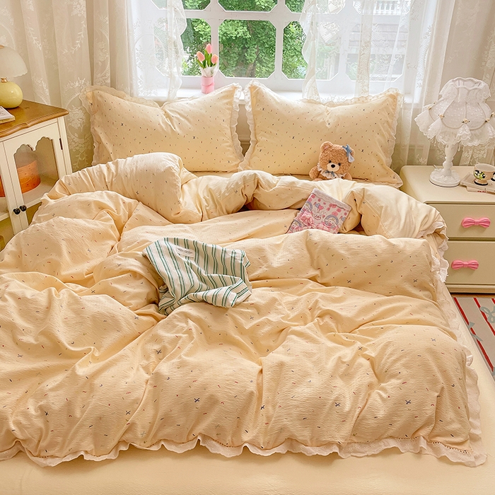 91家纺网 家纺一手货源 找家纺 优尚佳生活馆 2025新款云感木棉皱皱双层纱全棉镂空花边四件套（提供买家秀） 七彩奶黄