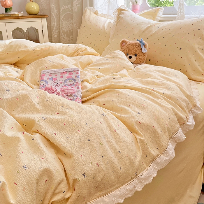 91家纺网 家纺一手货源 找家纺 优尚佳生活馆 2025新款云感木棉皱皱双层纱全棉镂空花边四件套（提供买家秀） 七彩奶黄