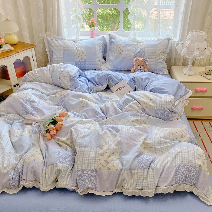 91家纺网 家纺一手货源 找家纺 优尚佳生活馆 2025新款云感木棉皱皱双层纱全棉镂空花边四件套（提供买家秀） 百福之梦