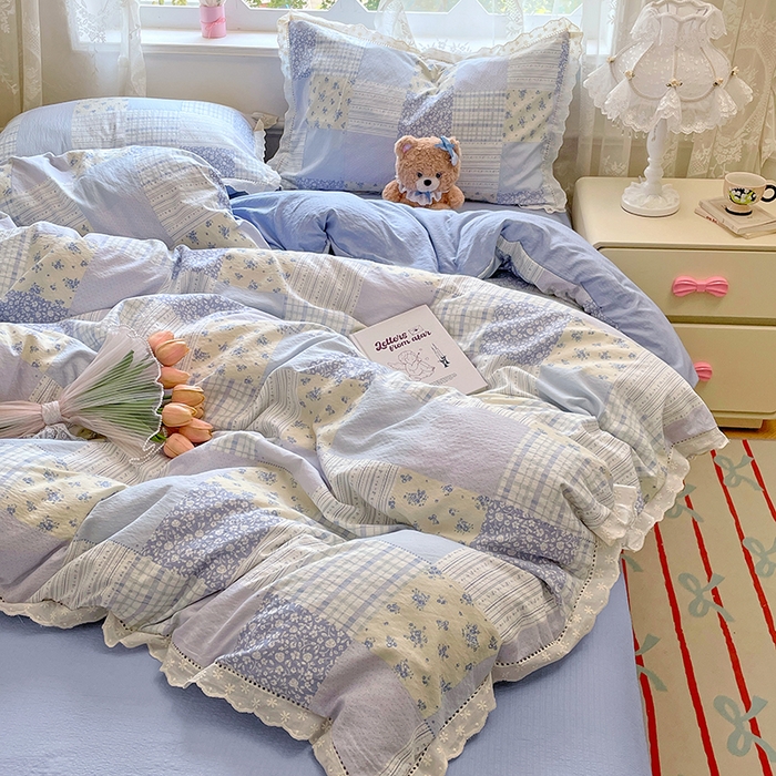 91家纺网 家纺一手货源 找家纺 优尚佳生活馆 2025新款云感木棉皱皱双层纱全棉镂空花边四件套（提供买家秀） 百福之梦