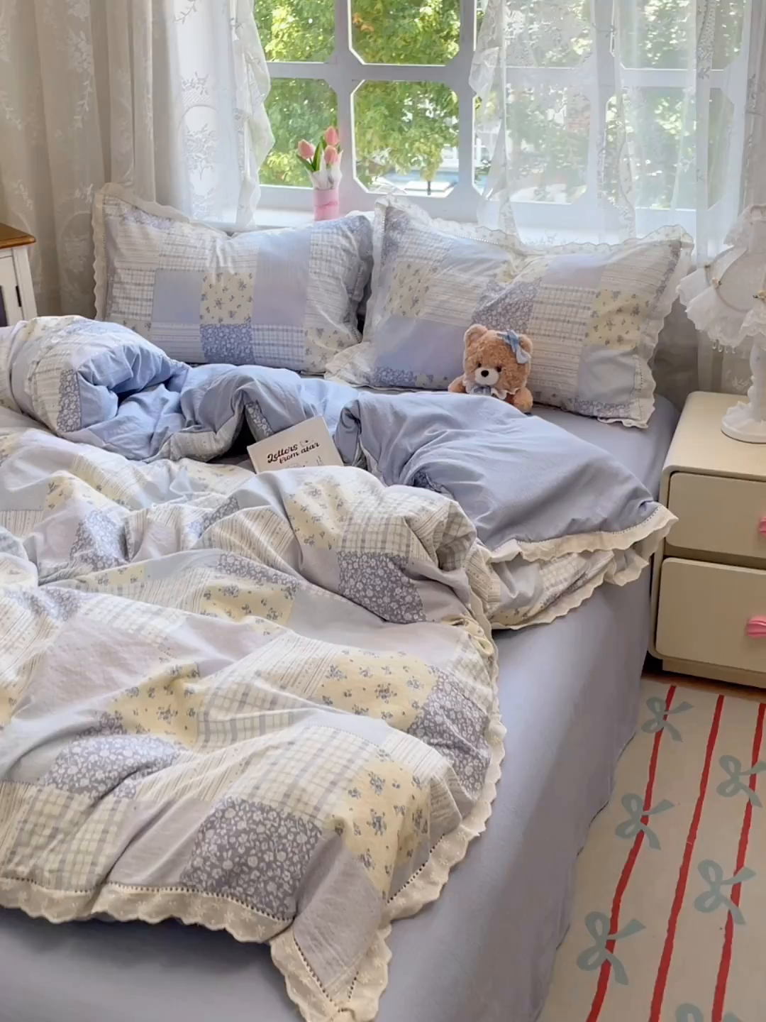 91家纺网 家纺一手货源 找家纺 优尚佳生活馆 2025新款云感木棉皱皱双层纱全棉镂空花边四件套（提供买家秀） 百福之梦