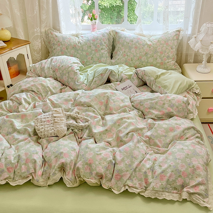 91家纺网 家纺一手货源 找家纺 优尚佳生活馆 2025新款云感木棉皱皱双层纱全棉镂空花边四件套（提供买家秀） 薄荷之夏