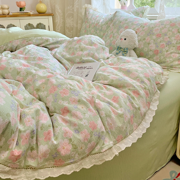 91家纺网 家纺一手货源 找家纺 优尚佳生活馆 2025新款云感木棉皱皱双层纱全棉镂空花边四件套（提供买家秀） 薄荷之夏