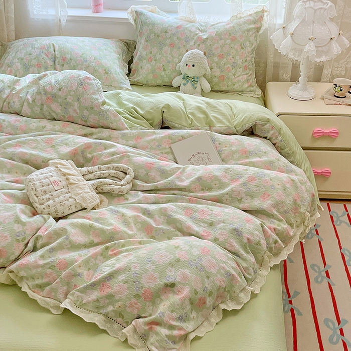 91家纺网 家纺一手货源 找家纺 优尚佳生活馆 2025新款云感木棉皱皱双层纱全棉镂空花边四件套（提供买家秀） 薄荷之夏