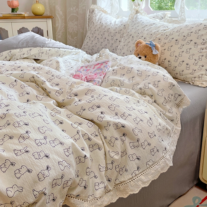 91家纺网 家纺一手货源 找家纺 优尚佳生活馆 2025新款云感木棉皱皱双层纱全棉镂空花边四件套（提供买家秀） 呆萌兔