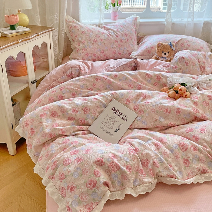 91家纺网 家纺一手货源 找家纺 优尚佳生活馆 2025新款云感木棉皱皱双层纱全棉镂空花边四件套（提供买家秀） 戴安娜玫瑰