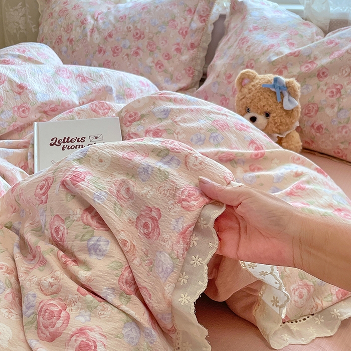 91家纺网 家纺一手货源 找家纺 优尚佳生活馆 2025新款云感木棉皱皱双层纱全棉镂空花边四件套（提供买家秀） 戴安娜玫瑰