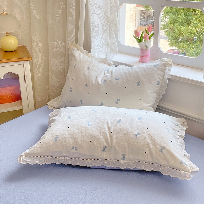 91家纺网 家纺一手货源 找家纺 优尚佳生活馆 2025新款云感木棉皱皱双层纱全棉镂空花边四件套（提供买家秀） 蝴蝶蓝