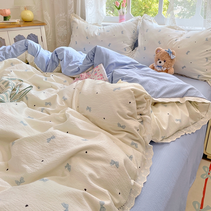 91家纺网 家纺一手货源 找家纺 优尚佳生活馆 2025新款云感木棉皱皱双层纱全棉镂空花边四件套（提供买家秀） 蝴蝶蓝