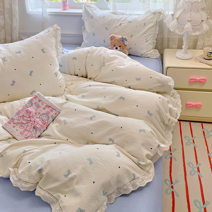 91家纺网 家纺一手货源 找家纺 优尚佳生活馆 2025新款云感木棉皱皱双层纱全棉镂空花边四件套（提供买家秀） 蝴蝶蓝