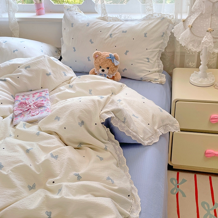 91家纺网 家纺一手货源 找家纺 优尚佳生活馆 2025新款云感木棉皱皱双层纱全棉镂空花边四件套（提供买家秀） 蝴蝶蓝