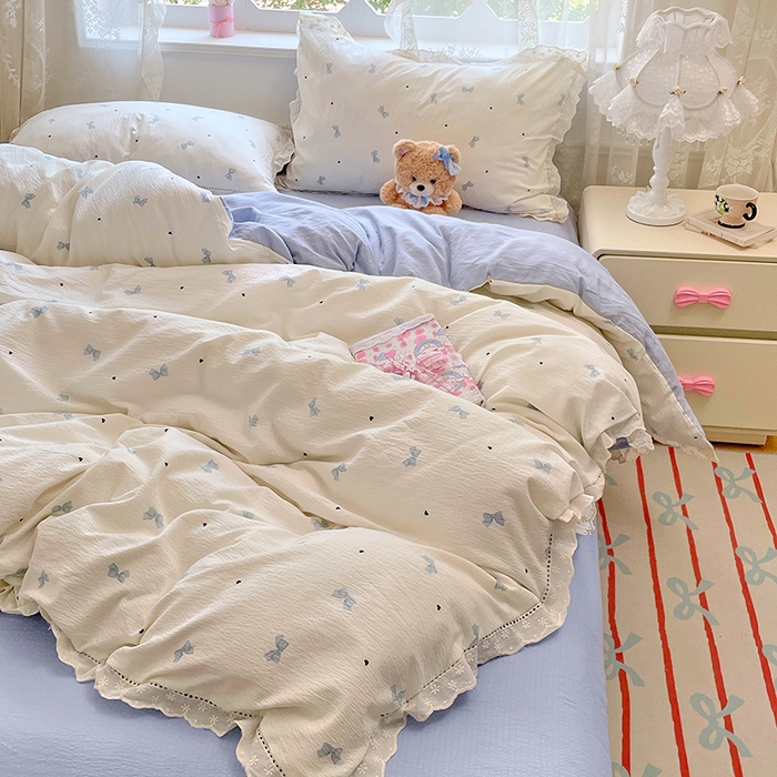 91家纺网 家纺一手货源 找家纺 优尚佳生活馆 2025新款云感木棉皱皱双层纱全棉镂空花边四件套（提供买家秀） 蝴蝶蓝