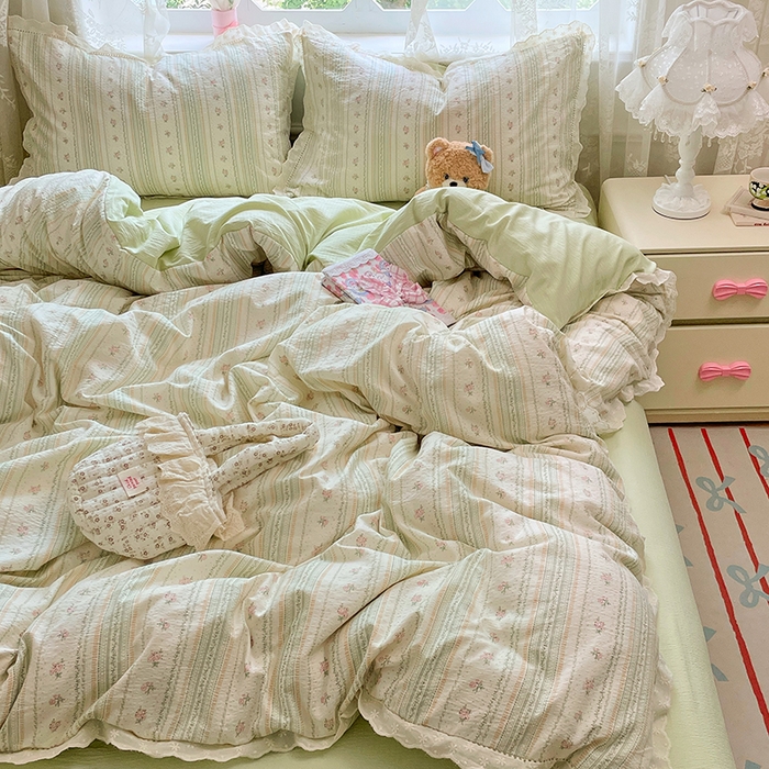 91家纺网 家纺一手货源 找家纺 优尚佳生活馆 2025新款云感木棉皱皱双层纱全棉镂空花边四件套（提供买家秀） 君心莫莉