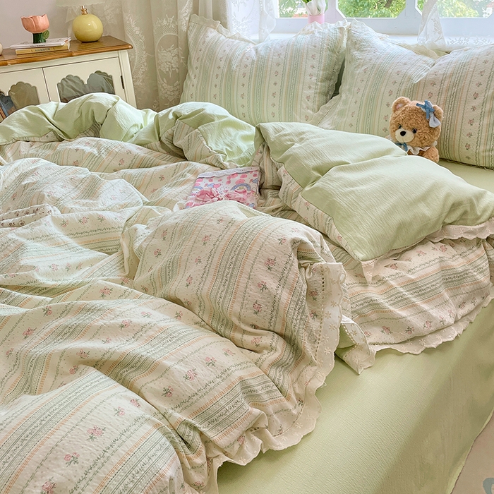 91家纺网 家纺一手货源 找家纺 优尚佳生活馆 2025新款云感木棉皱皱双层纱全棉镂空花边四件套（提供买家秀） 君心莫莉