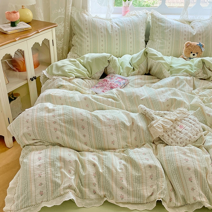 91家纺网 家纺一手货源 找家纺 优尚佳生活馆 2025新款云感木棉皱皱双层纱全棉镂空花边四件套（提供买家秀） 君心莫莉