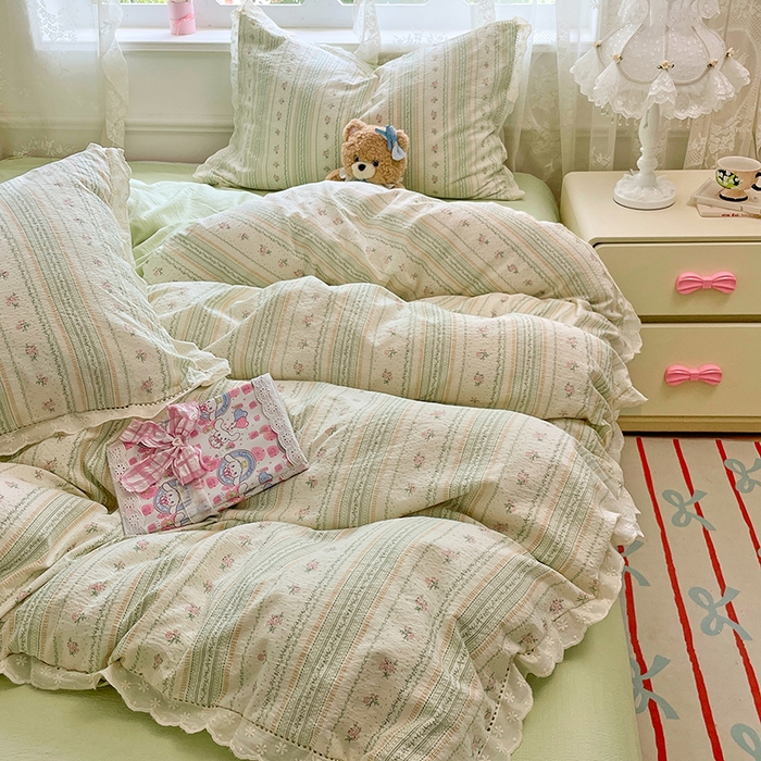 91家纺网 家纺一手货源 找家纺 优尚佳生活馆 2025新款云感木棉皱皱双层纱全棉镂空花边四件套（提供买家秀） 君心莫莉