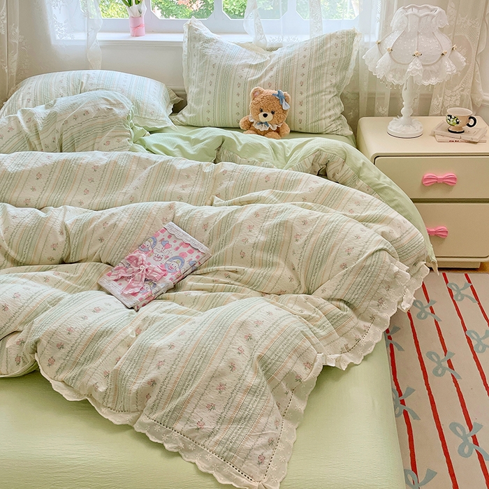 91家纺网 家纺一手货源 找家纺 优尚佳生活馆 2025新款云感木棉皱皱双层纱全棉镂空花边四件套（提供买家秀） 君心莫莉