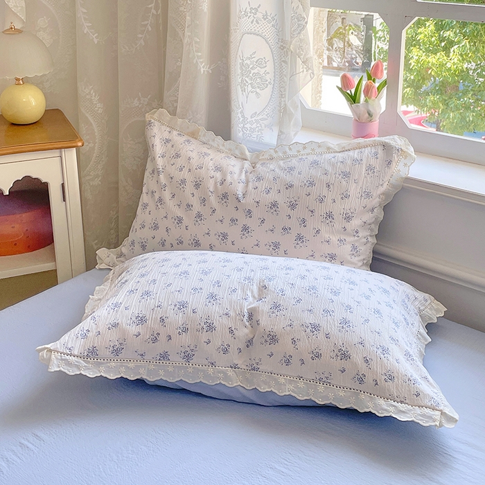 91家纺网 家纺一手货源 找家纺 优尚佳生活馆 2025新款云感木棉皱皱双层纱全棉镂空花边四件套（提供买家秀） 蓝雪花语