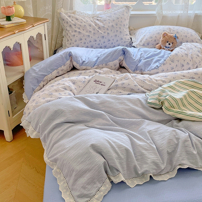 91家纺网 家纺一手货源 找家纺 优尚佳生活馆 2025新款云感木棉皱皱双层纱全棉镂空花边四件套（提供买家秀） 蓝雪花语