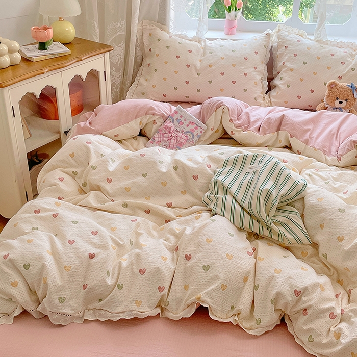 91家纺网 家纺一手货源 找家纺 优尚佳生活馆 2025新款云感木棉皱皱双层纱全棉镂空花边四件套（提供买家秀） 砰然心动