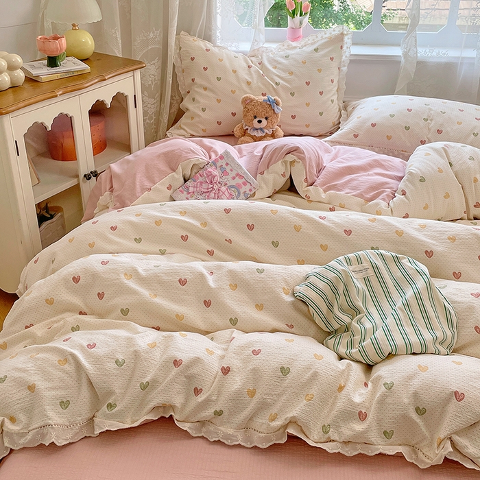 91家纺网 家纺一手货源 找家纺 优尚佳生活馆 2025新款云感木棉皱皱双层纱全棉镂空花边四件套（提供买家秀） 砰然心动