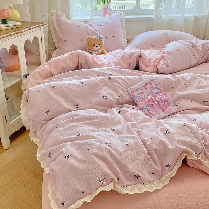 91家纺网 家纺一手货源 找家纺 优尚佳生活馆 2025新款云感木棉皱皱双层纱全棉镂空花边四件套（提供买家秀） 同心结