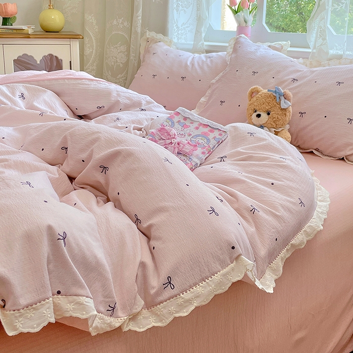 91家纺网 家纺一手货源 找家纺 优尚佳生活馆 2025新款云感木棉皱皱双层纱全棉镂空花边四件套（提供买家秀） 同心结