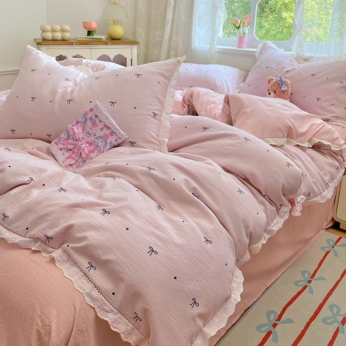 91家纺网 家纺一手货源 找家纺 优尚佳生活馆 2025新款云感木棉皱皱双层纱全棉镂空花边四件套（提供买家秀） 同心结