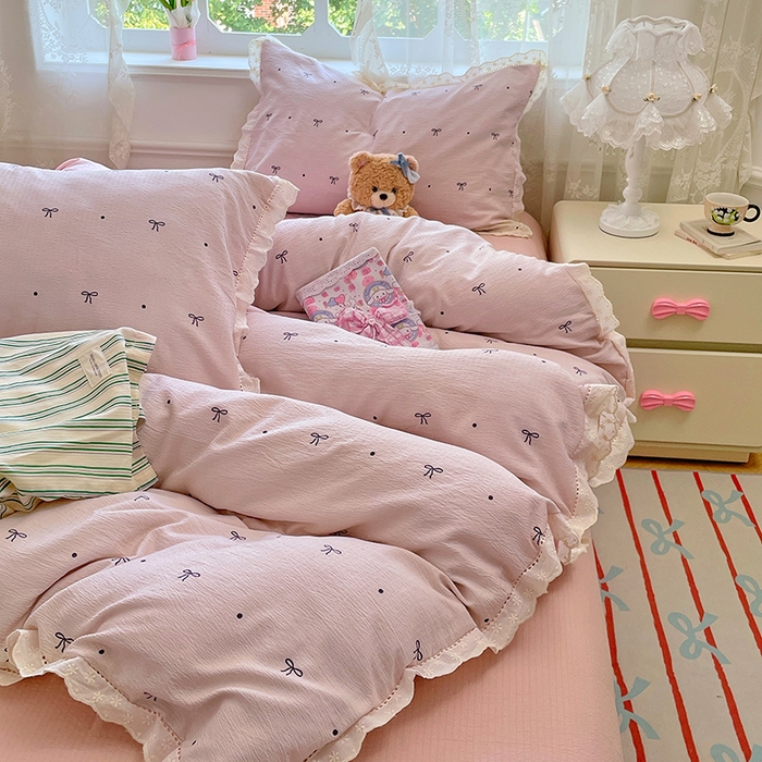 91家纺网 家纺一手货源 找家纺 优尚佳生活馆 2025新款云感木棉皱皱双层纱全棉镂空花边四件套（提供买家秀） 同心结