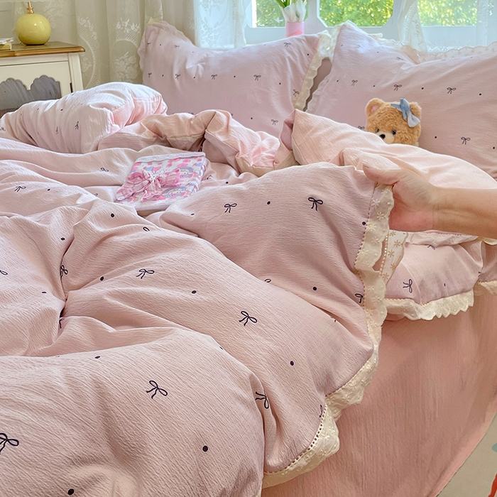 91家纺网 家纺一手货源 找家纺 优尚佳生活馆 2025新款云感木棉皱皱双层纱全棉镂空花边四件套（提供买家秀） 同心结