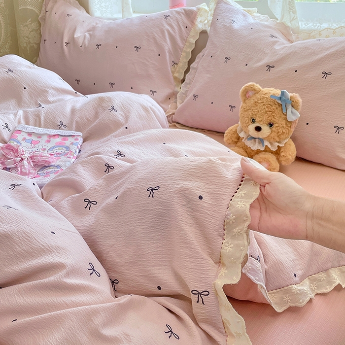 91家纺网 家纺一手货源 找家纺 优尚佳生活馆 2025新款云感木棉皱皱双层纱全棉镂空花边四件套（提供买家秀） 同心结