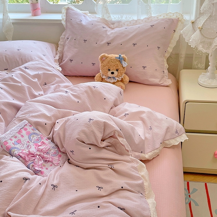 91家纺网 家纺一手货源 找家纺 优尚佳生活馆 2025新款云感木棉皱皱双层纱全棉镂空花边四件套（提供买家秀） 同心结