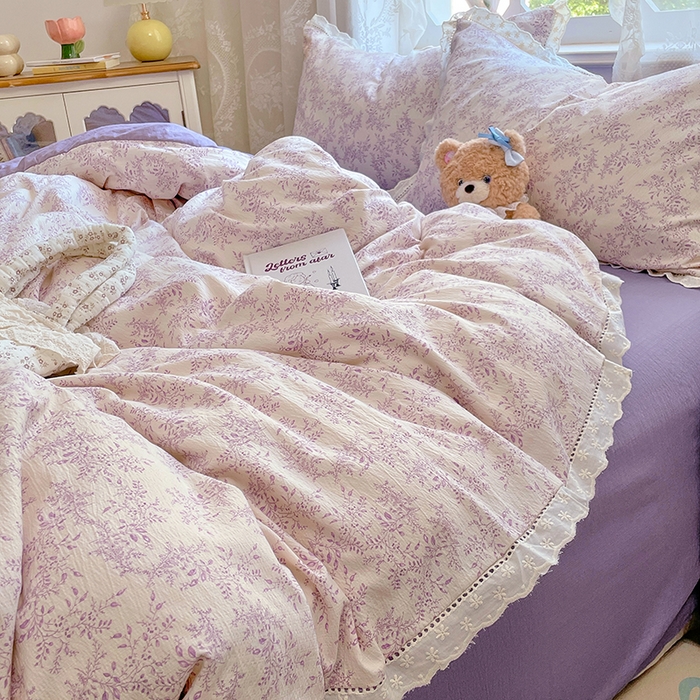 91家纺网 家纺一手货源 找家纺 优尚佳生活馆 2025新款云感木棉皱皱双层纱全棉镂空花边四件套（提供买家秀） 午夜紫魅