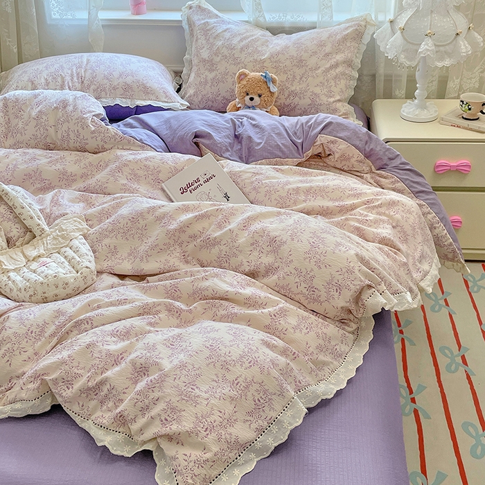 91家纺网 家纺一手货源 找家纺 优尚佳生活馆 2025新款云感木棉皱皱双层纱全棉镂空花边四件套（提供买家秀） 午夜紫魅