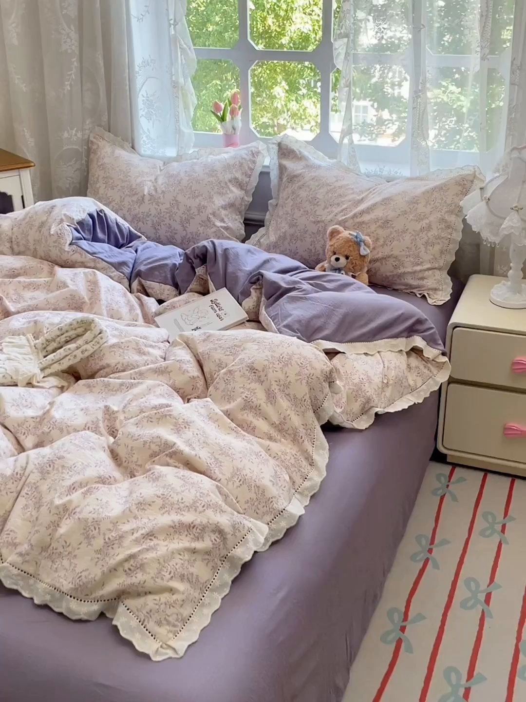 91家纺网 家纺一手货源 找家纺 优尚佳生活馆 2025新款云感木棉皱皱双层纱全棉镂空花边四件套（提供买家秀） 午夜紫魅