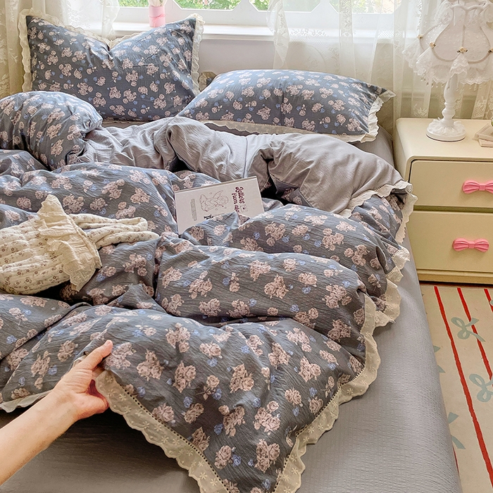 优尚佳生活馆 2025新款云感木棉皱皱双层纱全棉镂空花边四件套（提供买家秀） 一抹蓝