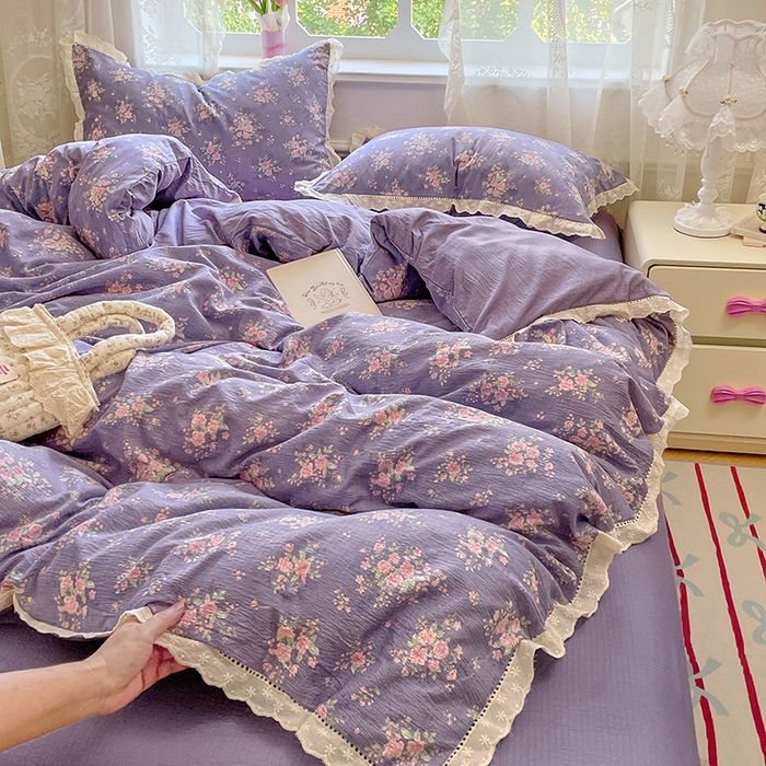 优尚佳生活馆 2025新款云感木棉皱皱双层纱全棉镂空花边四件套（提供买家秀） 紫藤花语