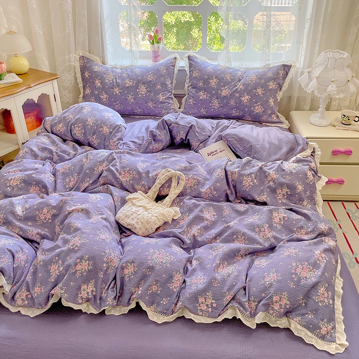 91家纺网 家纺一手货源 找家纺 优尚佳生活馆 2025新款云感木棉皱皱双层纱全棉镂空花边四件套（提供买家秀） 紫藤花语